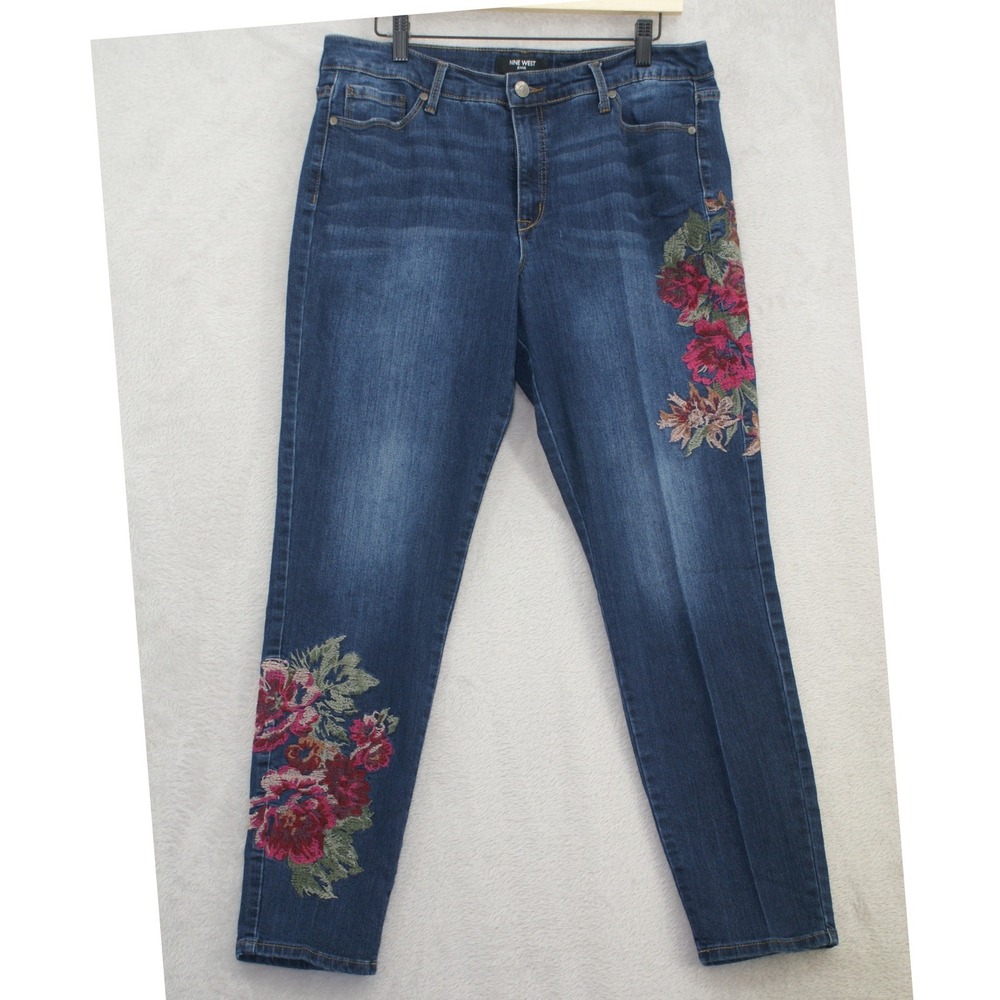 Nine West Gramercy Skinny Jeans Womens 14 Floral Embroidered Blue Denim Ankle